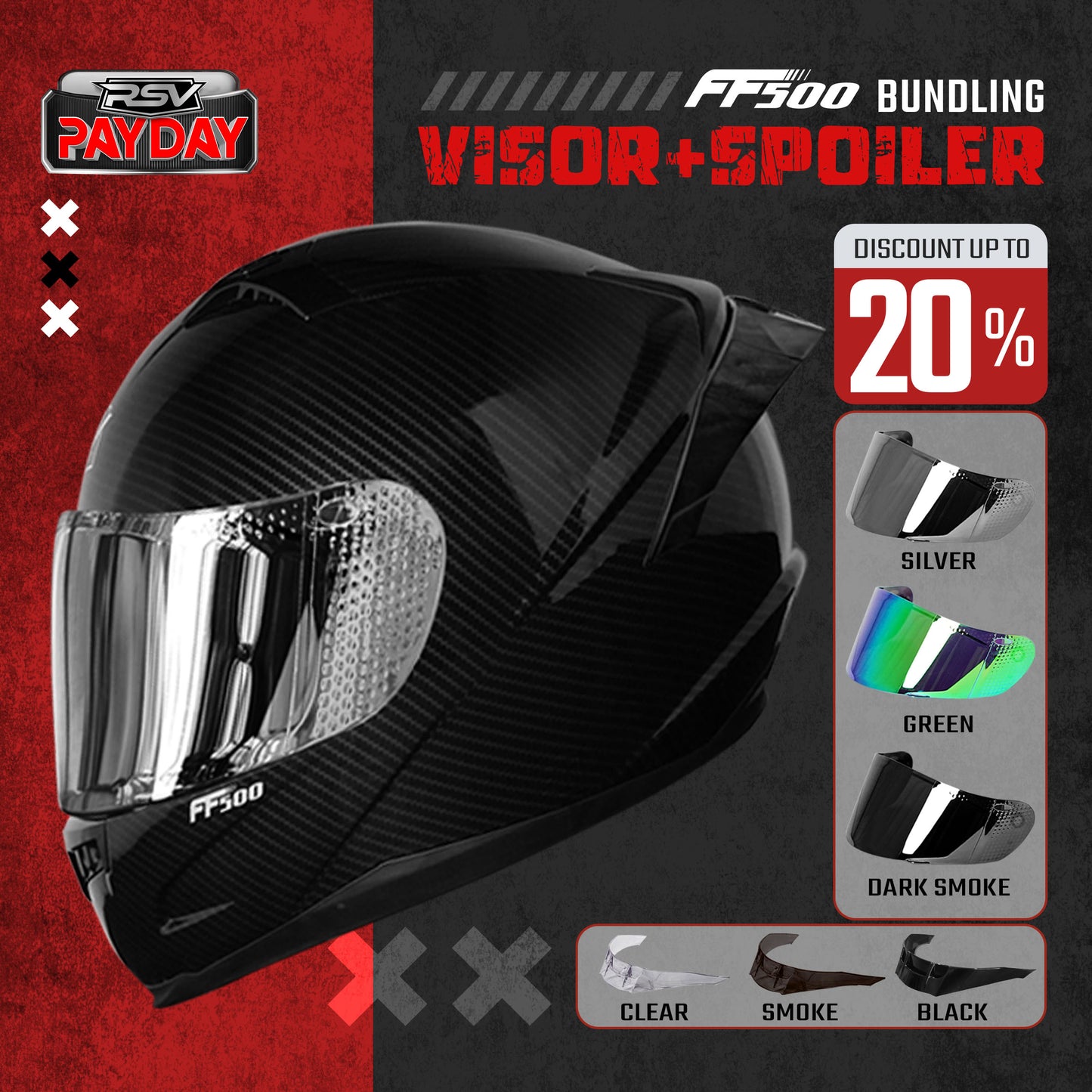 RSV HELM FF500 CARBON GLOSSY PAKET GANTENG (HELM + VISOR + SPOILER)