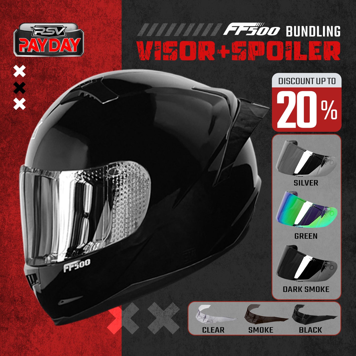 RSV HELM FF500 BLACK GLOSSY PAKET GANTENG (HELM + VISOR + SPOILER)