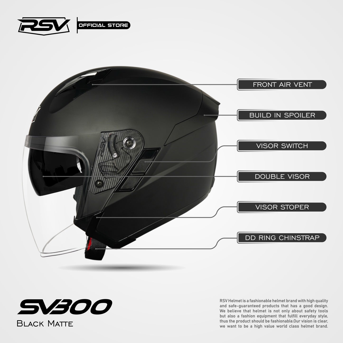 Helm Motor Half Face RSV Original SV300 BLACK DOFF DOUBLE VISOR Helm SNI DOT & ECE R22.05 Helmet Dewasa Pria Dan Wanita