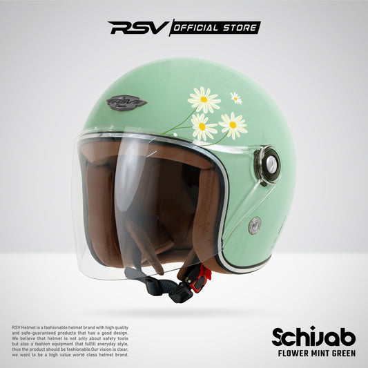 RSV SC Hijab Retro Classic Helm Half Face - Flower Mint Green l Helm Hijab