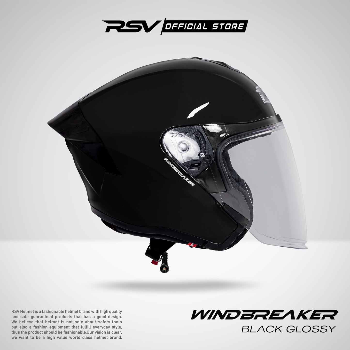 RSV Windbreaker Solid Black Glossy Single Visor - Helm Half Face SNI Unisex