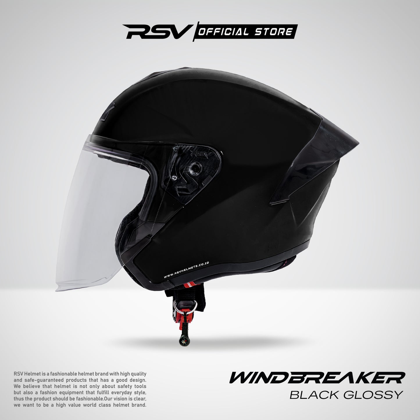RSV Windbreaker Solid Black Glossy Single Visor - Helm Half Face SNI Unisex