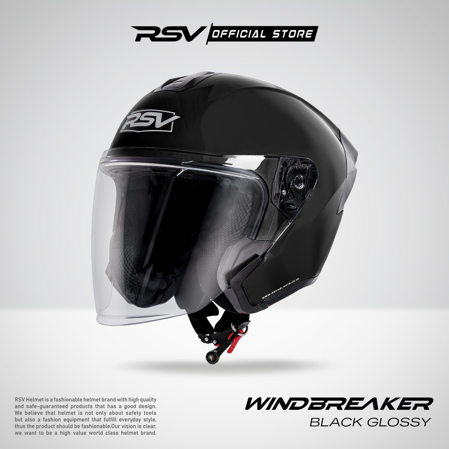 RSV Windbreaker Solid Black Glossy Single Visor - Helm Half Face SNI Unisex