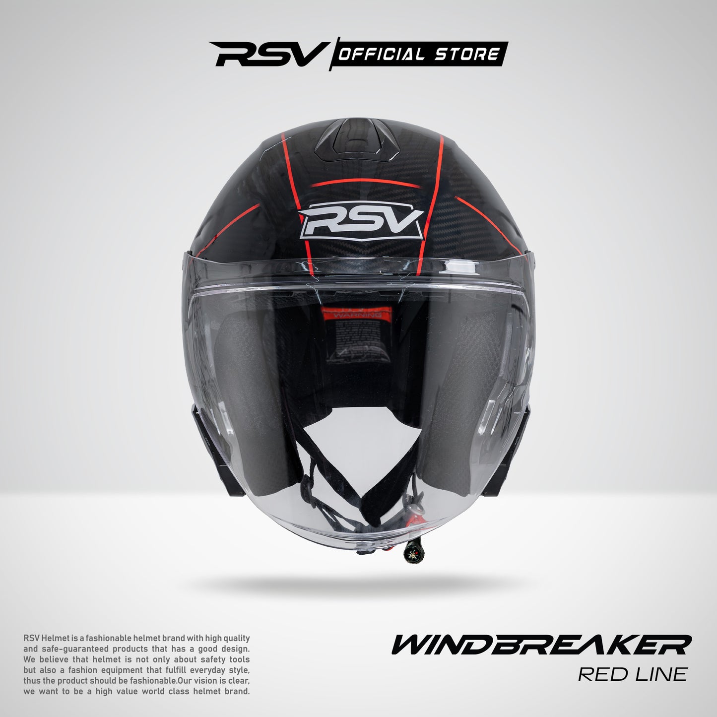 RSV Windbreaker Motif Redline Carbon Glossy Single Visor - Helm Half Face SNI Unisex