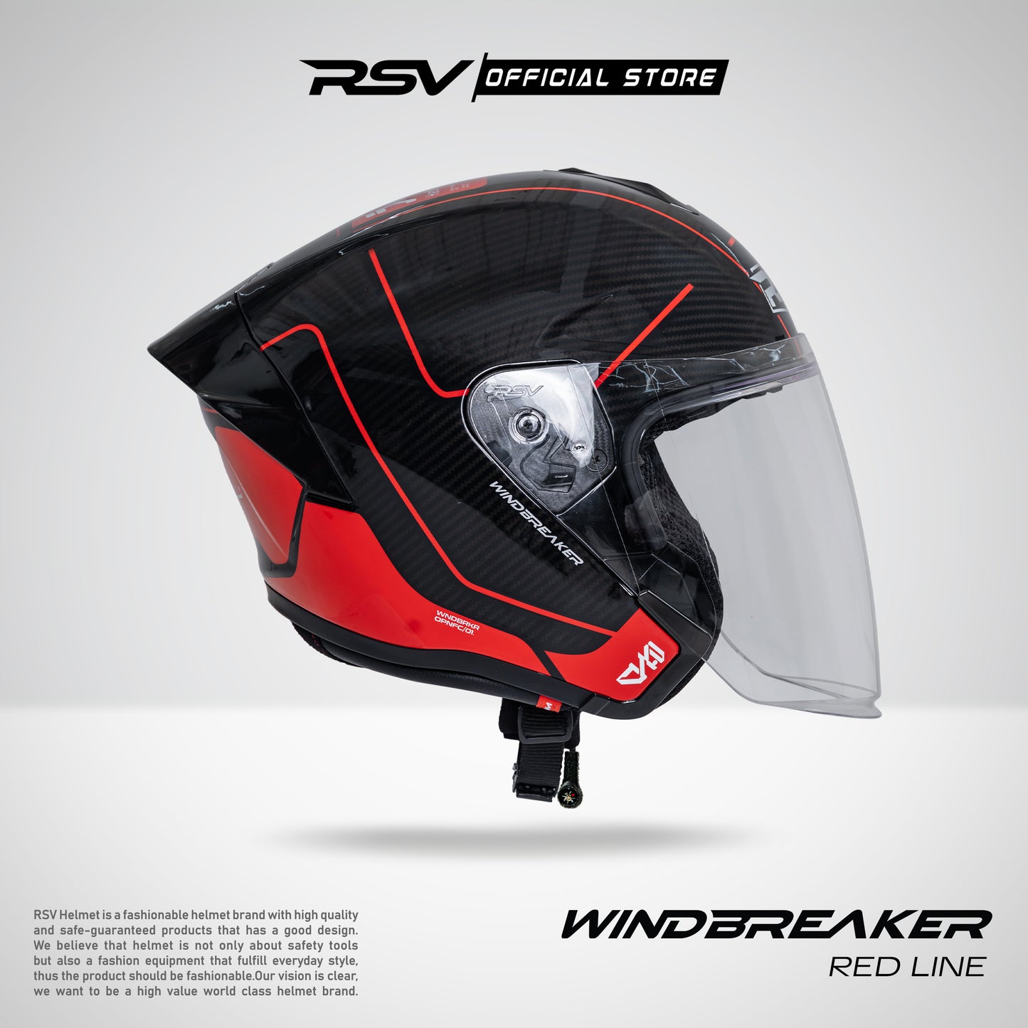 RSV Windbreaker Motif Redline Carbon Glossy Single Visor - Helm Half Face SNI Unisex