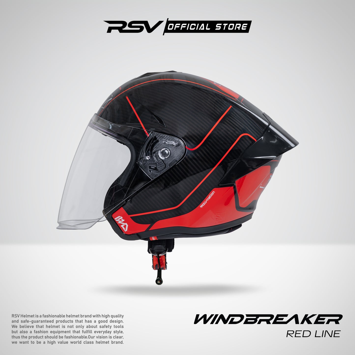 RSV Windbreaker Motif Redline Carbon Glossy Single Visor - Helm Half Face SNI Unisex
