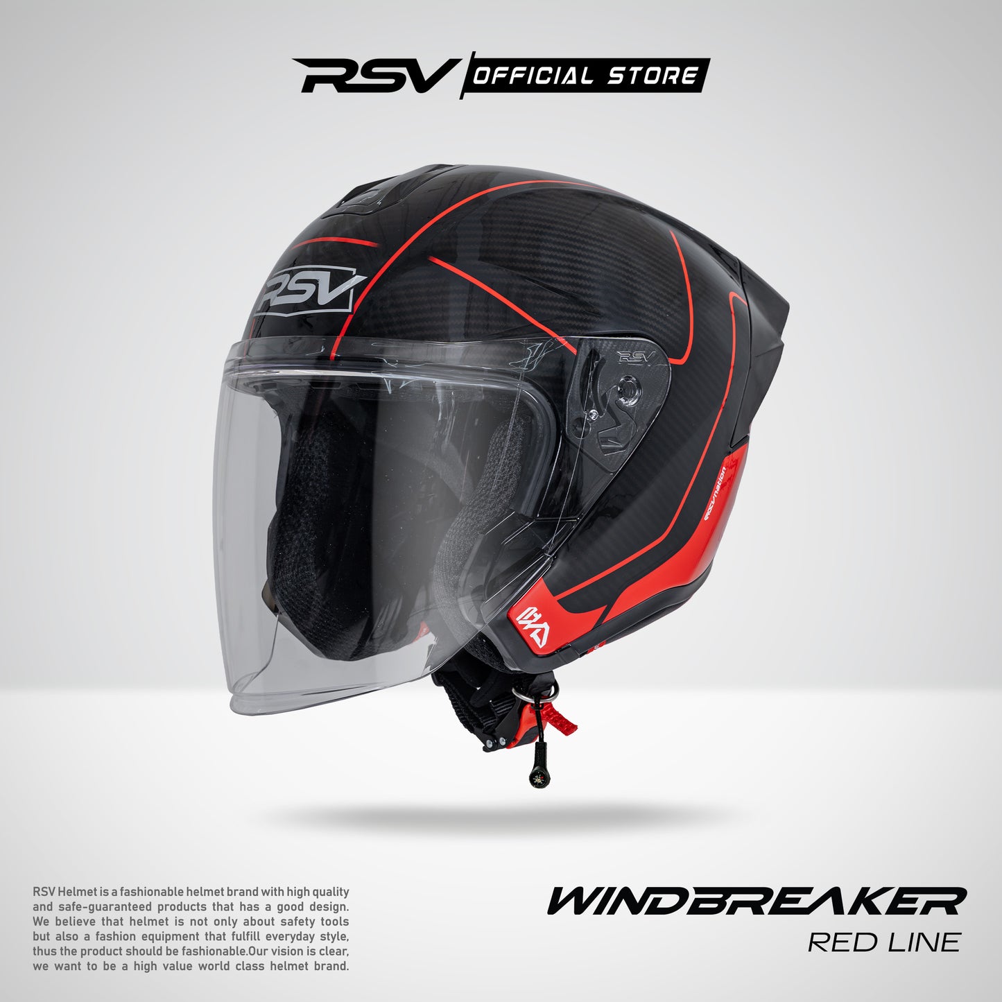 RSV Windbreaker Motif Redline Carbon Glossy Single Visor - Helm Half Face SNI Unisex