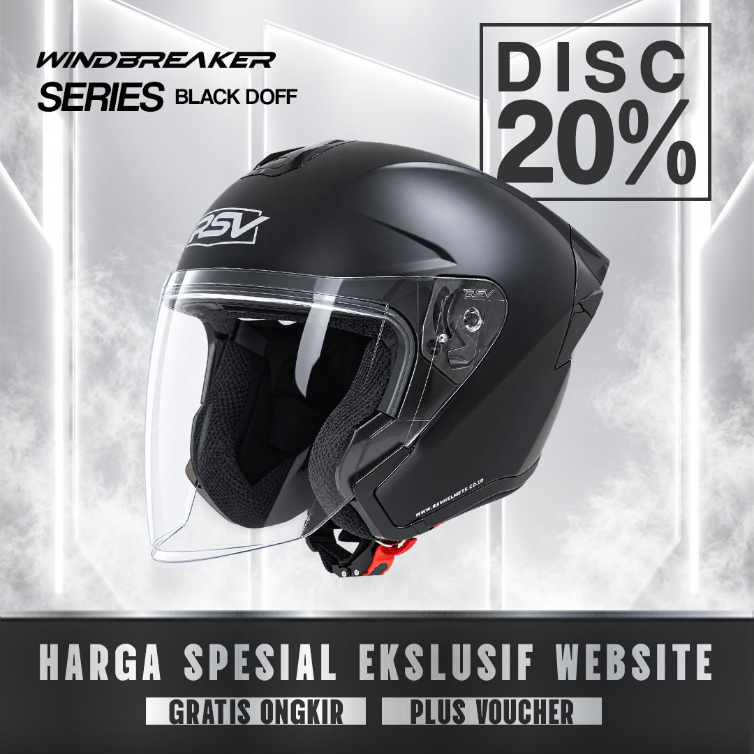 RSV Windbreaker Solid Black Doff Single Visor - Helm Half Face SNI Unisex