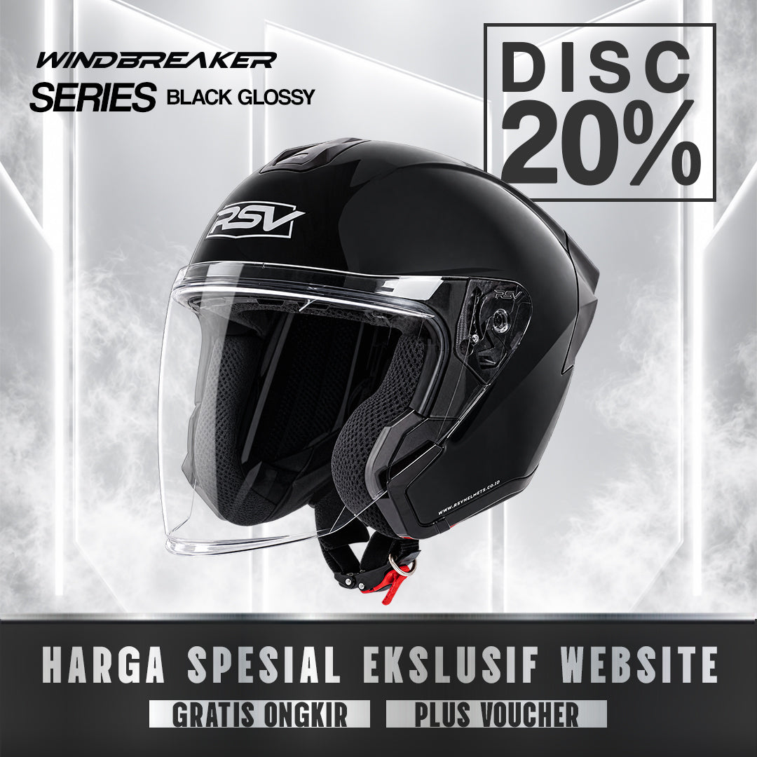 RSV Windbreaker Solid Black Glossy Single Visor - Helm Half Face SNI Unisex