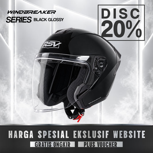 RSV Windbreaker Solid Black Glossy Single Visor - Helm Half Face SNI Unisex