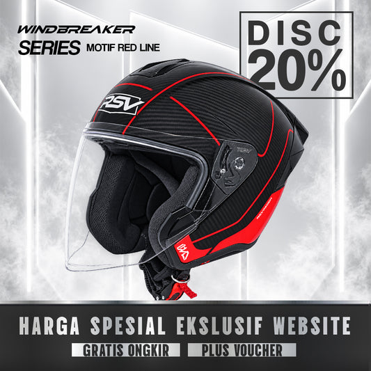 RSV Windbreaker Motif Redline Carbon Glossy Single Visor - Helm Half Face SNI Unisex
