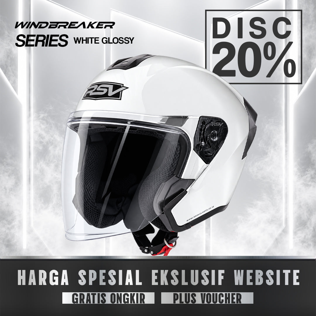RSV Windbreaker Solid White Glossy Single Visor - Helm Half Face SNI Unisex