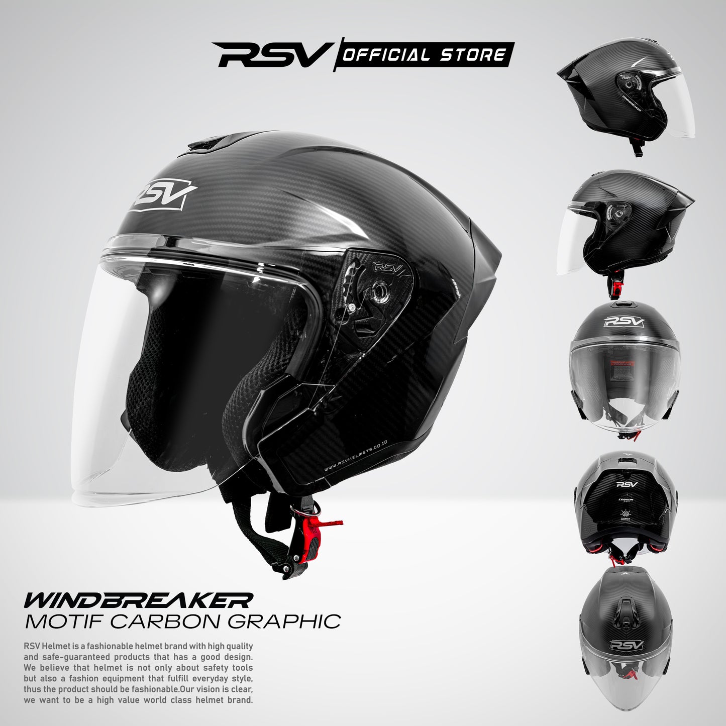 RSV Windbreaker Motif Carbon Glossy Single Visor - Helm Half Face SNI Unisex