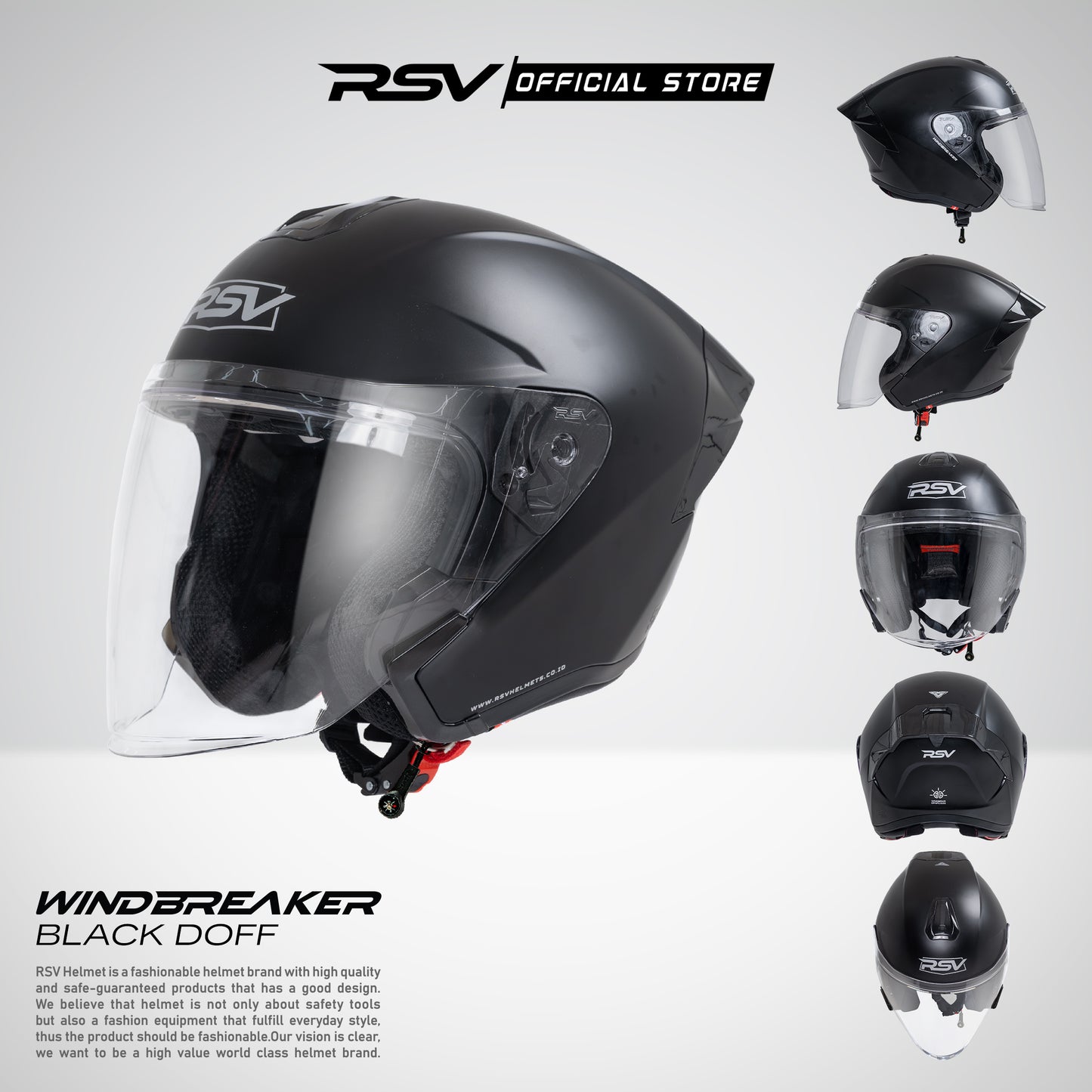 RSV Windbreaker Solid Black Doff Single Visor - Helm Half Face SNI Unisex
