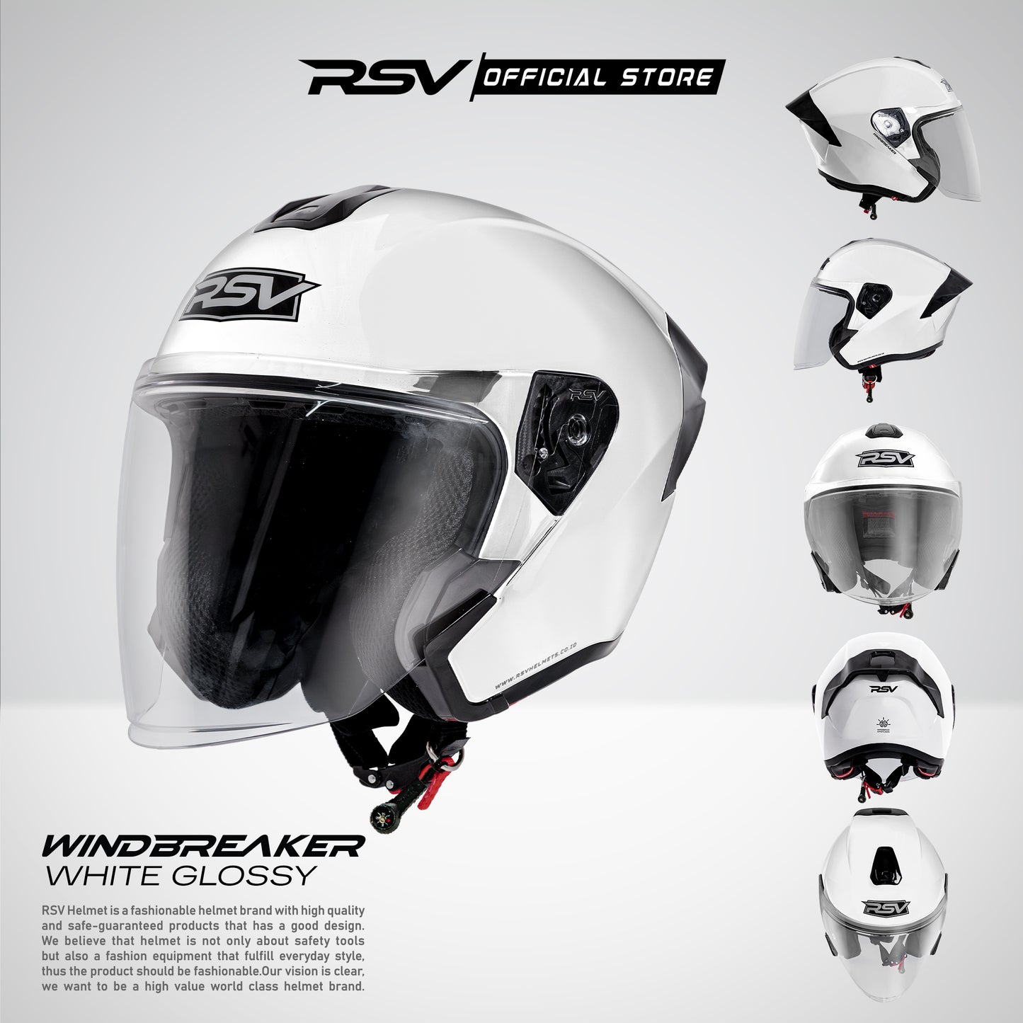 RSV Windbreaker Solid White Glossy Single Visor - Helm Half Face SNI Unisex