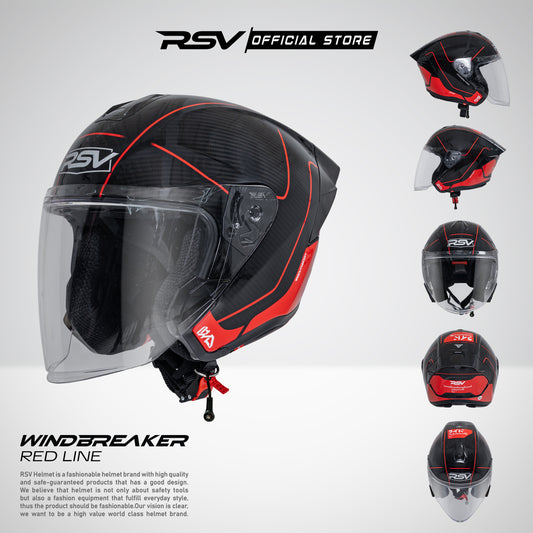 RSV Windbreaker Motif Redline Carbon Glossy Single Visor - Helm Half Face SNI Unisex