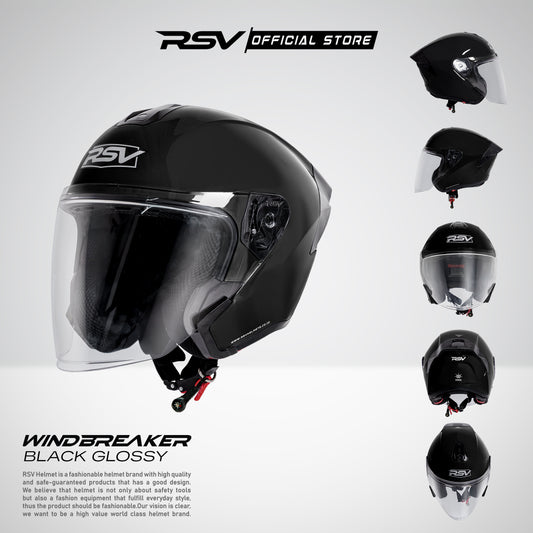 RSV Windbreaker Solid Black Glossy Single Visor - Helm Half Face SNI Unisex