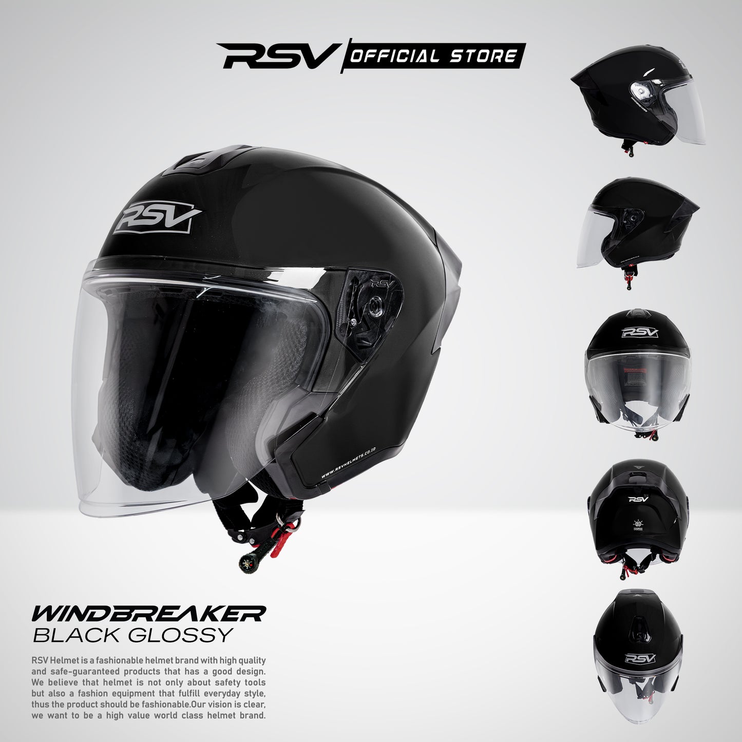 RSV X TVS Windbreaker Solid Black Glossy Single Visor - Helm Half Face SNI Unisex
