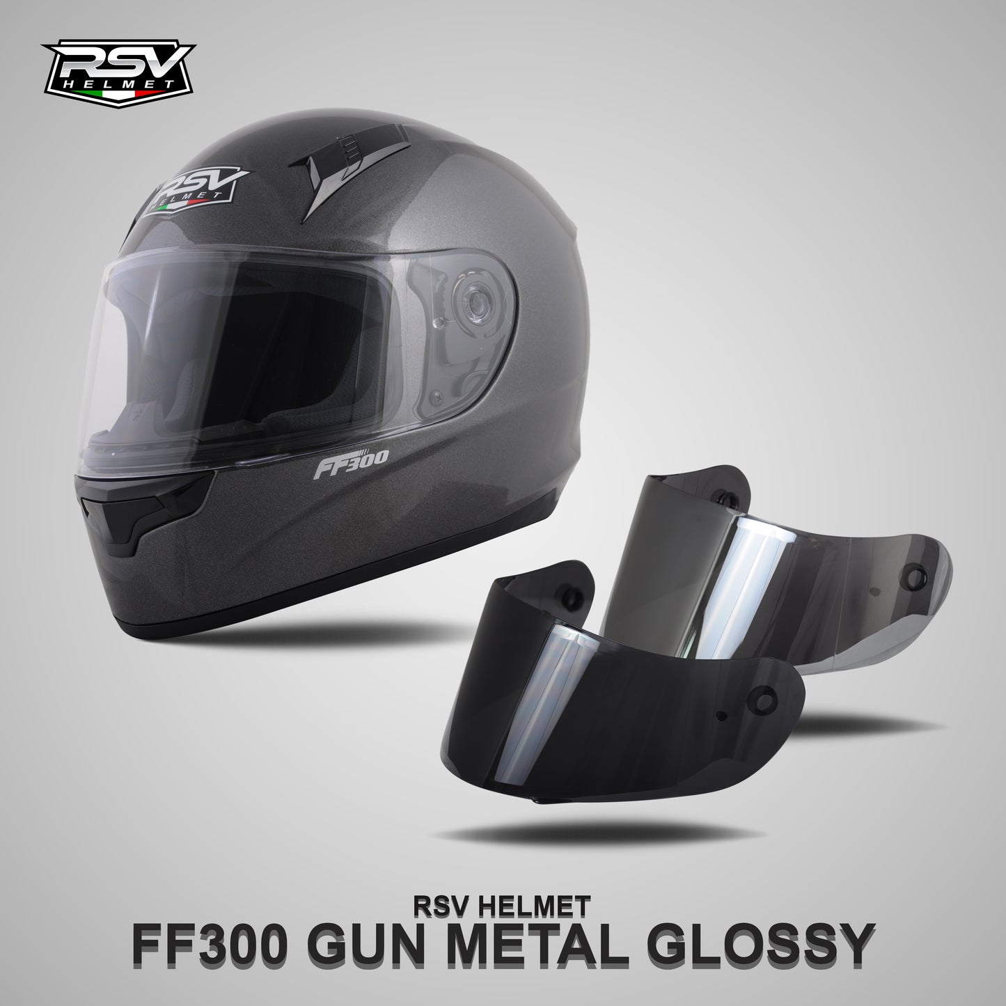 RSV FF300 GUNMETAL GLOSSY BUNDLING WITH VISOR DARKSMOKE / IRIDIUM SILVER